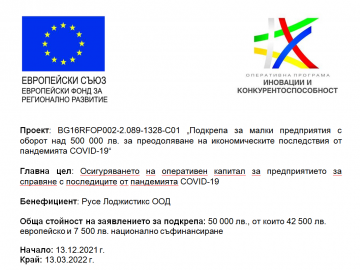 Проект BG16RFOP002-2.089-1328-C01 Подкрепа за малки предприятия с оборот над 500 000 лв. за преодоляване на икономическите последствия от пандемията COVID-19